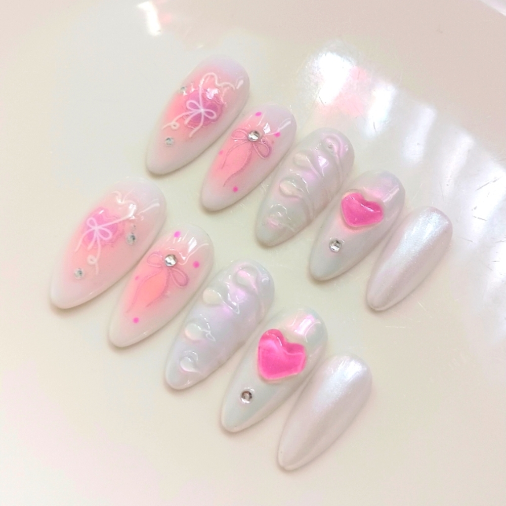 Pink and White 3d Nail Art Handmade Press On Nails Set 10pcs Reusable